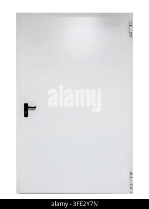 Plain white steel technical door with black handle and hinges, isolated on white - clipping path. Standard multi-purpose fire door or basement securit Stock Photo