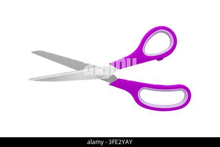 A pair of Purple handled scissors in half-open position on a white background, displaying stainless steel blades and ergonomic handles. Suitable for p Stock Photo