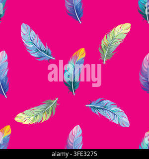 Vibrant vector seamless pattern with multicolored feathers on a bright pink background, ideal for textile design, wallpaper, and wrapping paper. Stock Vector