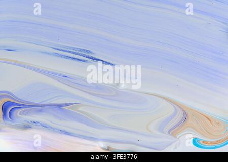 Pastel fluid paint background with gentle soft blue, white, and subtle warm beige swirling lines Stock Photo