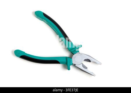 Open combination pliers with green and black insulated handles isolated on white background Stock Photo