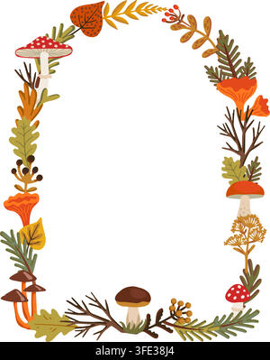 Autumn arch wreath with toadstool, chanterelle and pine foliage circling open white space center. Berries and oak leaves trim border, leaving room for Stock Vector