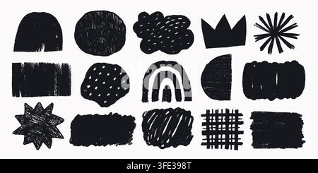 Chalk texture brush with crown and rainbow shapes. Star and cloud marks pair with dotted round outline for kids designs Stock Vector