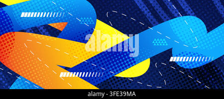 Energetic Background with Blue and Orange Bold Wavy Lines, Halftone Patterns and Geometric Elements Stock Vector