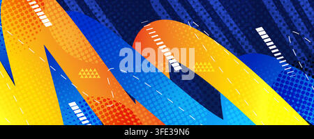 Energetic Contemporary Abstract Background with Blue and Orange Bold Wavy Lines, Halftone Patterns and Geometric Elements Stock Vector