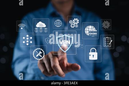 VPN network security concept. Man touching virtual protection, encrypted connection, remote access, online privacy, cloud infrastructure, server secur Stock Photo