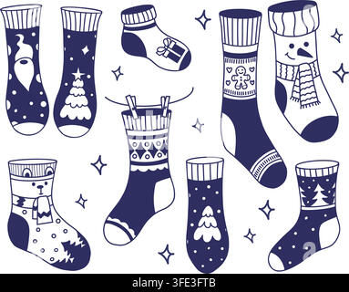 Socks and Christmas Stockings Set. Cute Knitted Winter Hosiery Doodle Collection with Gnome, Snowman and Trees, Gift, Bear and Gingerbread Man. Vector Stock Vector