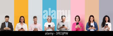 People using smartphones. Collage of portraits on colorful backgrounds Stock Photo