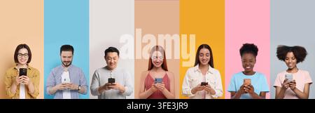 People using smartphones. Collage of portraits on colorful backgrounds Stock Photo