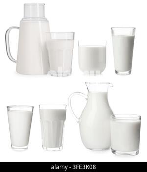 Milk in different glassware isolated on white, set Stock Photo