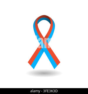 A large ribbon is displayed in red and blue colors. The ribbon stands upright with a shadow below it. It serves to represent a cause or awareness event. Stock Vector