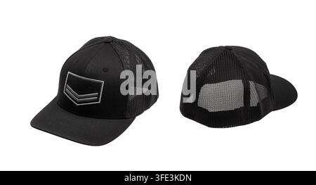 Black mesh baseball cap front and back view isolated on white background. Stock Photo