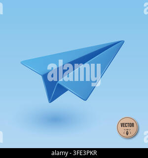 Blue Paper Airplane Flying on Blue Background, 3d Vector Illustration. Origami Paper Plane Icon. Minimal Air Mail, Startup Launch and Message Concept Stock Vector