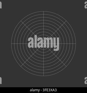 Inverse polar grid of 10 concentric circles and 45 degrees steps. Blank vector polar graph paper. Stock Vector