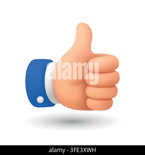 3d Thumbs Up Hand Gesture, Vector Illustration. 3d Like Symbol with Raised Thumb. Approval, Positive Feedback, Agreement, Yes, Success, Good Job Stock Vector
