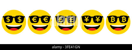 set of smile emoticons wear dark sunglasses with money sign on white. Stock Vector