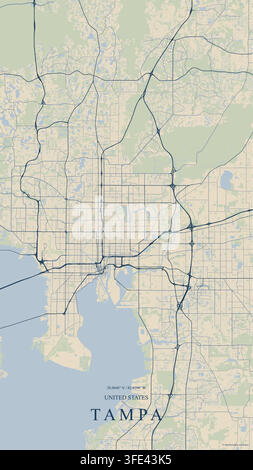 Vintage beige map of Tampa, Florida, featuring Tampa Bay coastlines, city street grid, major highways, and geographic coordinates. Stock Vector