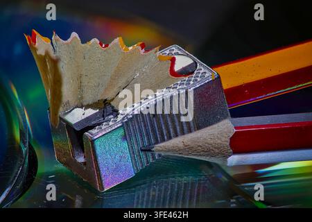 Macro close-up of a metal pencil sharpener, curled wooden pencil shaving and colored pencils with vibrant reflections. Stock Photo