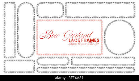 White double bow lace border frames outline arch, oval, circle plus diamond shapes linked by elegant ribbon garland trim on deep red background as rom Stock Vector