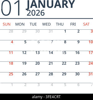 January 2026 English Monochrome Minimalist Monthly Desk Planner Scandinavian Wall Poster (Compatible with 2037 and 2043). Stock Vector