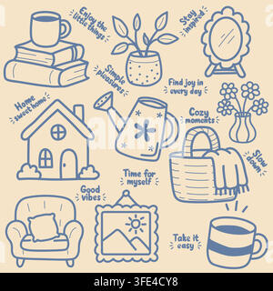 Hand-drawn cozy lifestyle illustrations with books, coffee, plants, flowers, home decor and uplifting phrases. Warm minimalist doodle style. Stock Vector