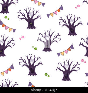 Seamless vector pattern with Halloween trees and cobwebs Stock Vector