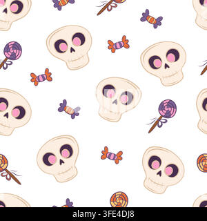 Seamless vector pattern with Halloween skulls and candy Stock Vector