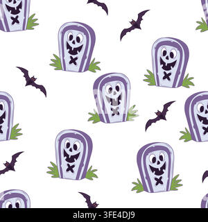 Seamless vector pattern with Halloween tombstones and bats Stock Vector
