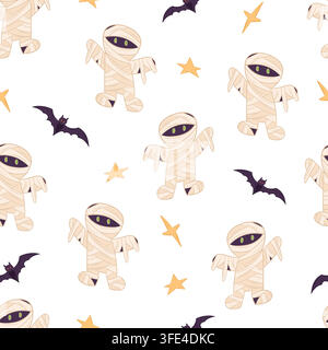 Seamless vector pattern with Halloween mummies and bats Stock Vector