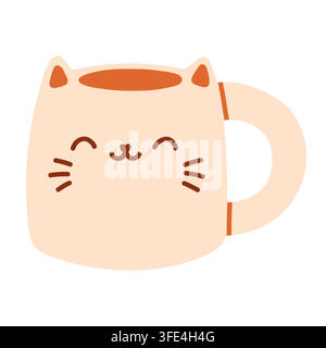 Cute cream ceramic mug with kitty cat face vector isolated on white. Perfect for cozy autumn drink graphics, kids kitchenware prints, and tea banners Stock Vector