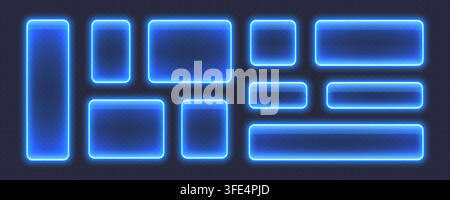 Glossy neon buttons, glowing glass banners in blue color. Stock Vector