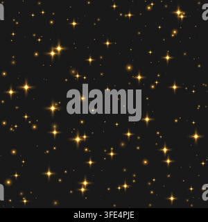 Seamless golden sparkling stars, shiny particles light effect, transparent flying stardust background, abstract twinkle decoration Stock Vector