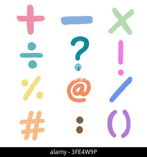 Hand-drawn colorful math symbols and punctuation marks collection, cute pastel education graphic element set isolated on white. Stock Photo