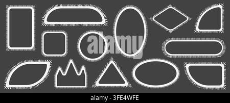 Pack of scalloped white postage frames isolated. Outline border template. Simple minimalist label text box. Blank scallop edge stamp mockup. Vector il Stock Vector