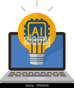 Illustration of laptop displaying an artificial intelligence microchip bulb icon representing innovation and technology. Stock Vector