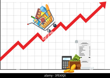 shopping cart full of food moves up a line chart representing price growth wallet receipt calculator show costs Stock Vector