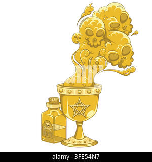 Luxury gold style illustration of an ancient chalice with demonic halloween smoke, ideal for dark power concepts, gothic royalty, and exclusive magic. Stock Vector