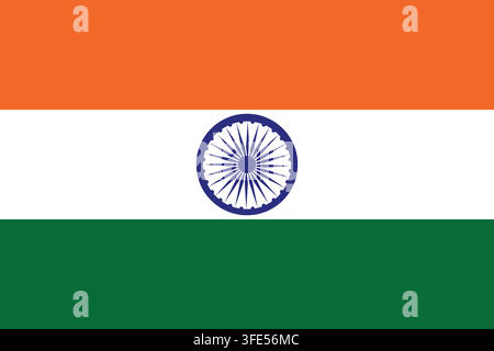 Flat minimal vector artwork of india flag featuring saffron white and green horizontal stripes with blue ashok chakra. Stock Vector