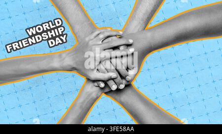 Creative graphic for World Friendship Day featuring diverse hands stacked together in unity against a textured blue background Stock Photo