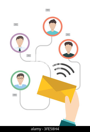 Flat vector illustration showing email marketing, online networking, business communication, and sending messages to connected team members. Stock Vector