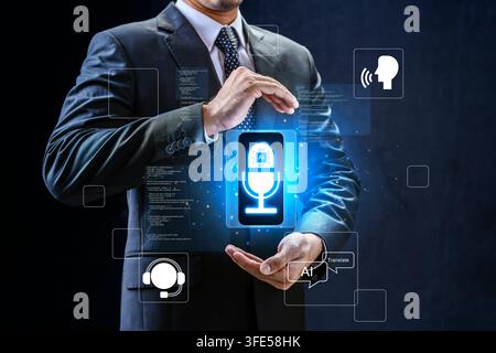Businessman presenting digital interface of AI voice assistant, speech recognition, and smart microphone technology Stock Photo
