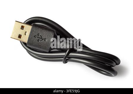 Black USB cable on a white background. Coiled cable with gold-plated USB TYPE A connector. Stock Photo