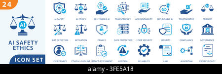 AI Safety and Ethics editable solid icon set.. Artificial Intelligence Governance and Ethical AI Regulation Concept Icons. Stock Vector