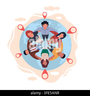 Global community connection and teamwork. People standing in circle on earth with location pins, networking, communication and collaboration, diverse Stock Vector
