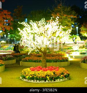 Brightly lit artificial tree surrounded by colorful flowers at night during a festival in Daejeon, Korea. Stock Photo