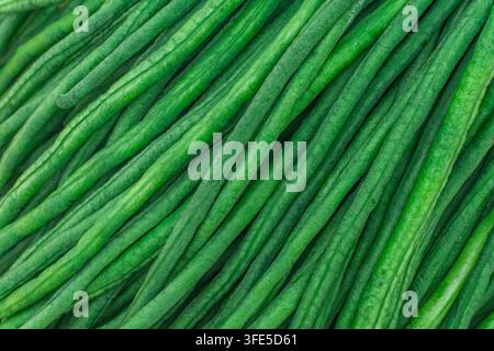 Fresh green long beans arranged closely together, showing natural texture and vibrant green color Stock Photo