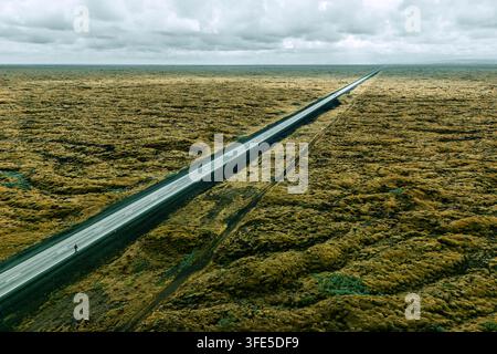 A straight road cuts across a mossy lava field - Iceland Stock Photo