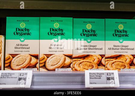 London, UK, August 30 2026, Close-Up Product Shot Of  Boxes Of Waitrose Duchy Organic All Butter And Stem Ginger Shortbread With Price Tags Stock Photo