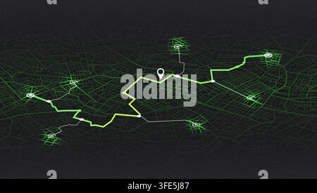 Isometric city map with green GPS route and tracking pin on dark background. Vector illustration. Stock Vector
