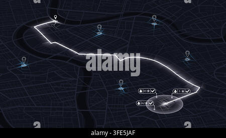 Isometric GPS navigation map with glowing route and ride sharing app interface. Vector illustration. Stock Vector
